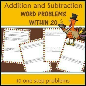 Preview of Digital Thanksgiving Theme Addition and Subtraction Math Word Problems within 20