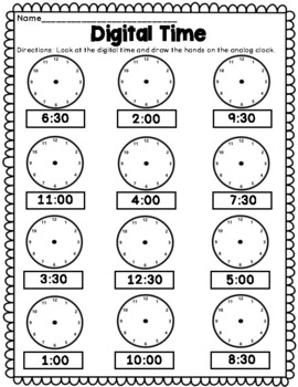 digital time draw hands on the analog clock worksheets 2 pages