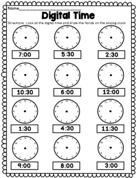 digital time draw hands on the analog clock worksheets 2 pages