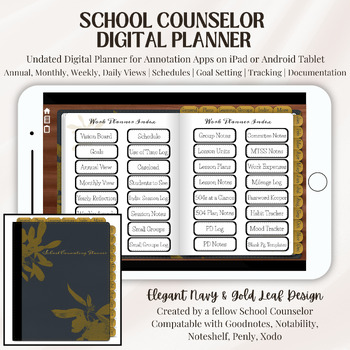 Preview of Digital UNDATED School Counselor Planner with Elegant Navy and Gold Leaf Design