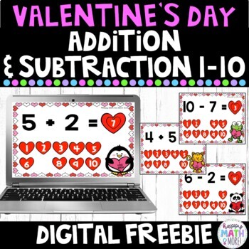 Preview of Digital Valentine's Day Addition and Subtraction 1-10 FREEBIE | Google Slides