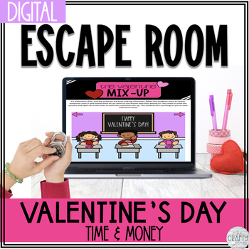 Preview of Digital Valentine's Day Escape Room - Valentines Day Math - Telling Time - Money