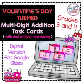 Preview of Digital Valentine's Day Multi-Digit Addition Task Cards for Google Slides