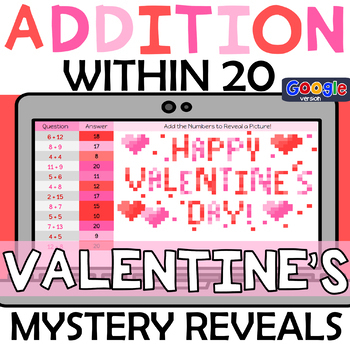 Preview of Digital Valentine's self-checking Addition Practice mystery reveals - add to 20