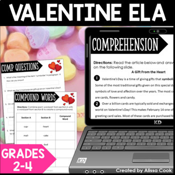 Preview of Digital Valentines Day Reading and ELA Activities | Valentines Day Google Slides