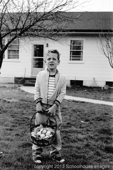 Preview of Digital Vintage Image young boy Easter egg hunt with basket
