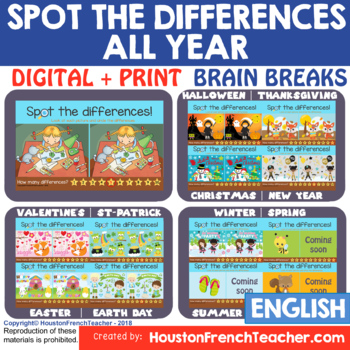 Preview of Digital Virtual Brain Breaks | Fun Friday | SPOT DIFFERENCES - ALL YEAR Bundle