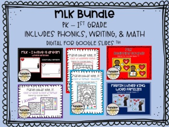 Preview of Digital Virtual Google Slides MLK Day Bundle Phonics, Writing, & Math Included!