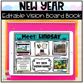 TPT resource cover image with the text "New Year Editable Vision Board" above a photo of tablet and a spiral pink notebook showing a preview from inside the resource.