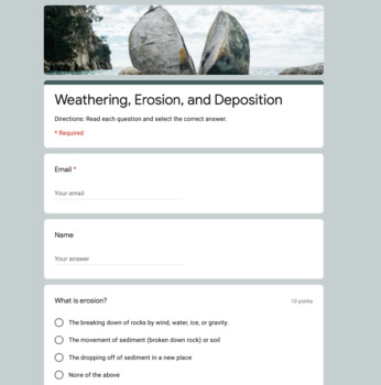 Preview of Digital Weathering, Erosion, and Deposition Quiz for Google Forms Online