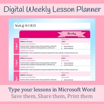 Preview of Digital Weekly Lesson Plan Template - Microsoft Word - Printable (Pink and Blue)