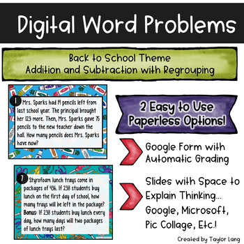 Preview of Digital Word Problems - Back to School - Add Subtract Google Form