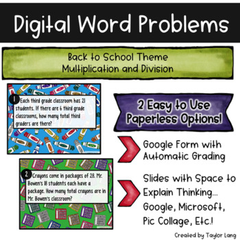 Preview of Digital Word Problems - School Themed - Google Slide & Form - Multiplication