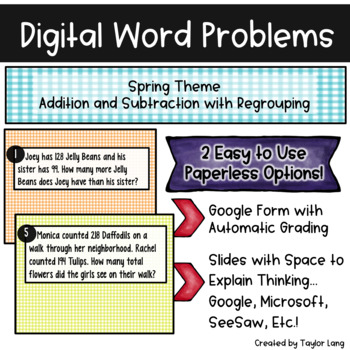 Preview of Digital Word Problems - Spring - Google Form & Slide - Add Subtract Regrouping