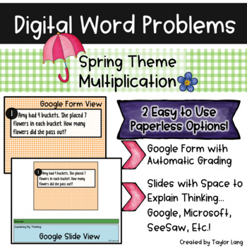 Preview of Digital Word Problems - Spring - Google Form & Slide - Multiplication