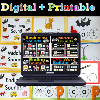 Preview of Digital and Print Beginning, Middle, Ending Sound and CVC Words Task Cards - 520