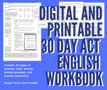 Preview of Digital and Printable 30 Day English ACT Prep Workbook BUNDLE