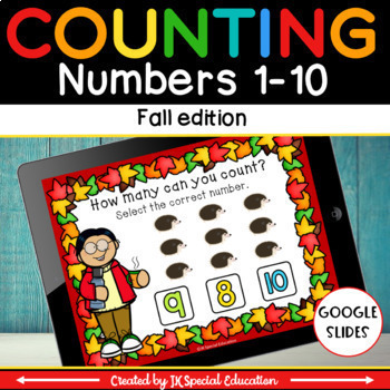 Preview of Digital and printable Fall math game | Counting objects to 10 for Google Slides