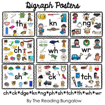 Digraph Posters - ch,ck,dge,kn,ng,ph,sh,tch,th,wh,wr by The Reading