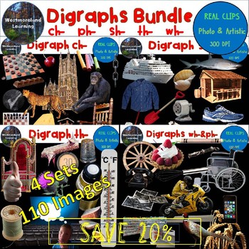 Preview of Digraph Clip Art Bundle Beginning Sounds Digital Stickers ch, ph, sh, th, wh