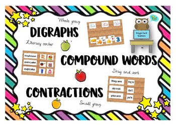 Preview of Digraph, Compound words, and Contractions Digital Games PPT ELA Activity
