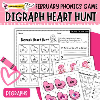 Preview of Digraph Heart Hunt Phonics Center | Valentine's Day K-1 Game