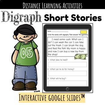 Preview of Digraph Short Stories with Comprehension Questions - Interactive Google Slides™