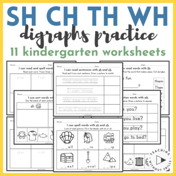 kindergarten phonics simple digraphs worksheets sh ch th wh