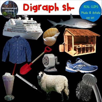 Preview of Digraph sh Clip Art Beginning Sounds Real Clips Digital Stickers 24 images