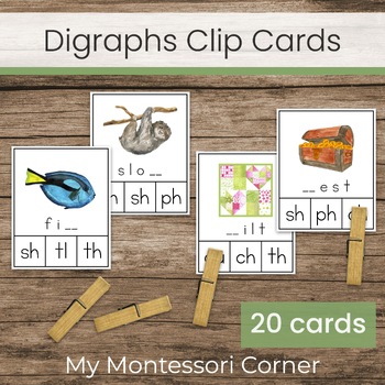 Preview of Digraphs CH, QU, SH, TH Clip Cards (Montessori Green Series Reading Activity)