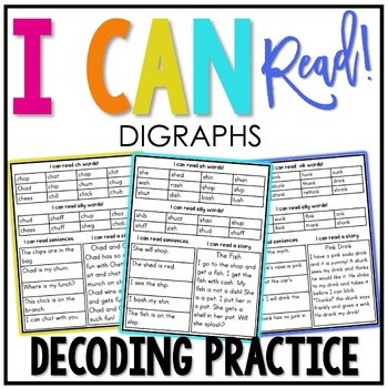 Preview of Digraphs Decoding Drills | I Can Read Decodable Words, Sentences, Story