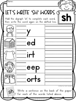 digraphs phonics sh literacy printables for kindergarten and first grade