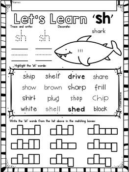 digraphs phonics sh literacy printables for kindergarten and first grade