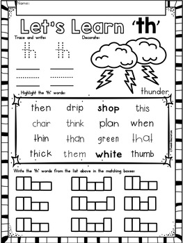 Digraphs TH phonics literacy printables for Kindergarten and First Grade