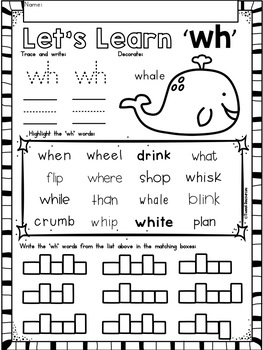 digraphs wh phonics literacy printables for kindergarten and first grade