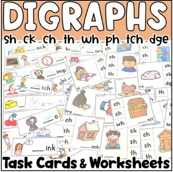Preview of Digraphs Phonics Activity (sh, ch, ck, th, wh, ph, tch, dge) Digraphs Task Cards