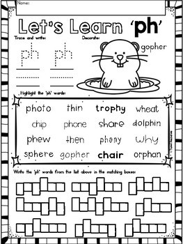 digraphs phonics ph literacy printables for kindergarten and first grade