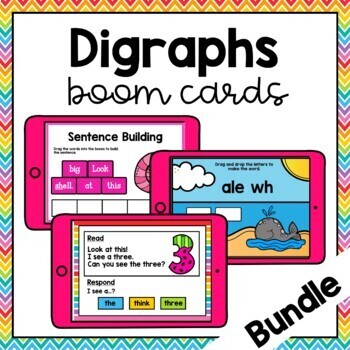 Preview of Digraphs Sentence Building, Word Building, and Reading Boom Cards Bundle