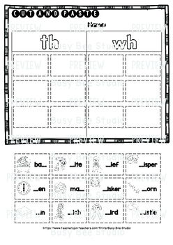 digraphs th wh cut and paste worksheets by busy bee