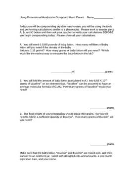 Preview of Dimensional Analysis Purposeful Lab:   Making  Hand Cream
