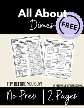 Preview of Dimes Worksheet Freebie | Money Worksheets | Counting Coins | FREE