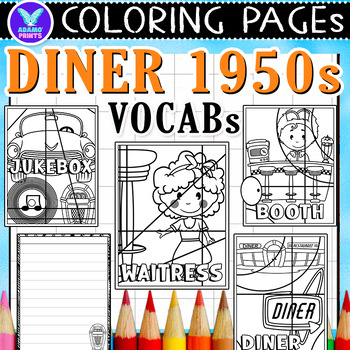 Preview of Diner 1950s Vocabs Coloring Pages & Writing Paper Activities ELA No PREP