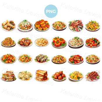 Preview of Dinner Meal Food on the Plates PNG Clipart Set Printable Planner Food Graphics