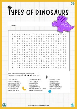 Preview of Dino Discovery: Types of Dinosaurs Worksheet Activity Word Search Puzzle
