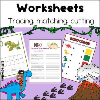 Preview of Dino theme Worksheets. Math, tracing, counting, colors, cutting. Printables