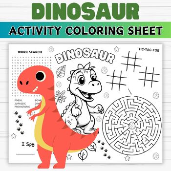 Dinosaur Activity Placemat- Dinosaur Maze- Coloring- Word Search