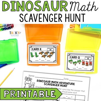 Preview of Dinosaur Add to 10 Write the Room | Math Fact Scavenger Hunt