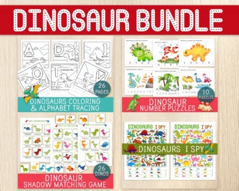 Preview of Dinosaur BUNDLE, Alphabet, Number Puzzles, I Spy, Coloring Pages, Matching Game
