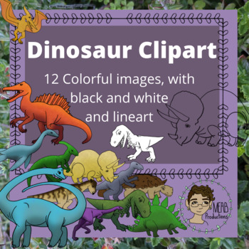 Preview of Dinosaur Clipart: 12 images in full color, black and white, and lineart