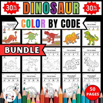 Preview of Dinosaur Color by Code Bundle | Dinosaur Color by Number | Numbers 0 to 20